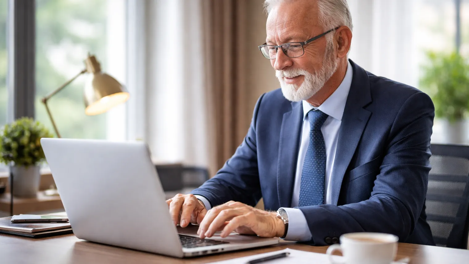 Älterer Mann mit weißem Bart, Brille und dunkelblauem Anzug tippt lächelnd an einem Laptop, daneben eine Kaffeetasse
