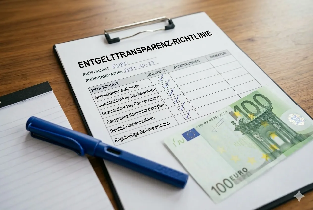 Klemmbrett mit Checkliste „Entgelttransparenz-Richtlinie“, daneben ein blauer Füller, ein Notizblock und ein 100-Euro-Schein