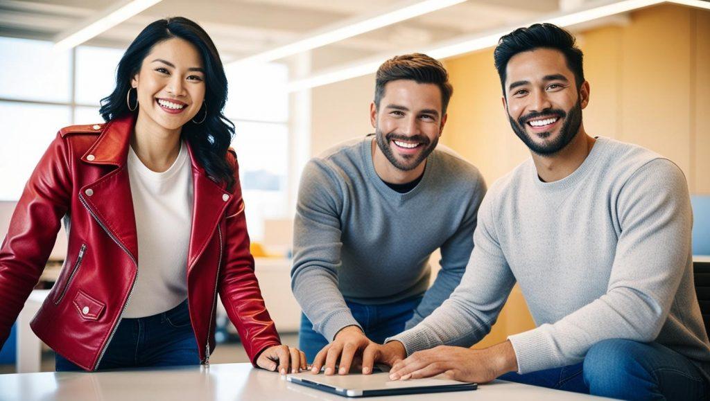 Das Bild zeigt drei junge Kollegen im Büro, eine Kollegin trägt eine auffällig rote Lederjacke.